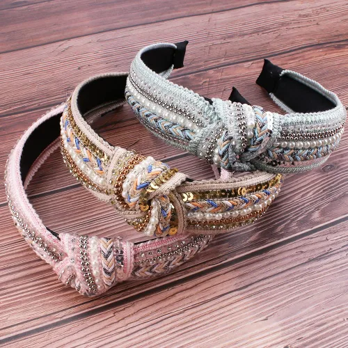 Miniatura 2 de TOBATOBA Diademas anudadas para mujer, paquete de 3 diademas con cuentas de perlas de diamantes de imitación, diademas bohemias con nudo superior