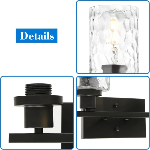 Miniatura 7 de MELUCEE Iluminación de pared interior 2 luces mate negra con vidrio martillado transparente, lámpara de pared moderna para tocador de baño