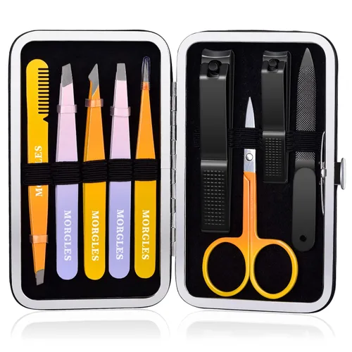 Miniatura 8 de MORGLES Juego de pinzas y cortaúñas con estuche para hombres y mujeres, 9 piezas de pinzas profesionales de acero inoxidable sin separación