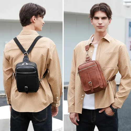 Miniatura 8 de Bolso Bandolera Mochila Cruzada - 2 en 1 Bolso Cruzado de Cuero Riñonera con 2 Correas Extraíbles Mini diaper bag Café