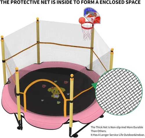 Miniatura 4 de Trampolín de 5 pies para niños pequeños con red de seguridad, mini aro de baloncesto, tapete de salto para equipo de entretenimiento en el hogar