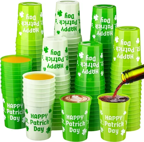 Maxcheck 120 vasos de plástico desechables para fiesta del día de San Patricio a granel, feliz día de San Patricio, 10 onzas, trébol irlandés, para