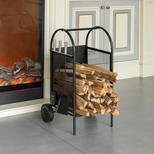 Miniatura 9 de Carrito de leña para patio interior y exterior, con ruedas y juego de herramientas para chimenea, color negro