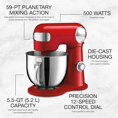 Miniatura 3 de CUISINART SM-50R Precision Master - Batidora de pie de 5,5 cuartos de galón (5,2 L), color rojo