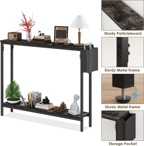 Miniatura 5 de Bigbiglife Mesa de Consola de Entrada de 39.4", Mesa de Sofá Estrecha Industrial de 2 Niveles con Estantes de Almacenamiento para Pasillo, Sala