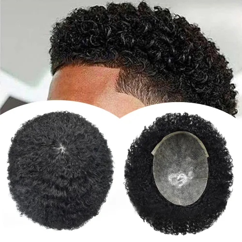 Miniatura 11 de Pelucas negras Afro Toupee de 0.236 pulgadas para hombre, con ondas afro de piel de polietileno, inyección de poliuretano, sistema de reemplazo