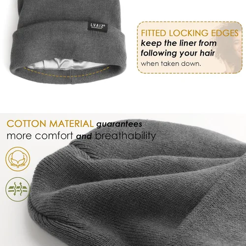 Miniatura 4 de Gorro de invierno con forro de satén para mujer, sombrero de reloj de punto con forro de seda, gorra unisex de calavera sólida
