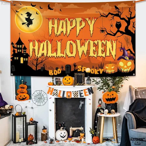 Miniatura 8 de KatchOn Pancarta espeluznante de Feliz Halloween, extragrande, 72 x 44 pulgadas, telón de fondo naranja de fotos de Halloween para decoraciones
