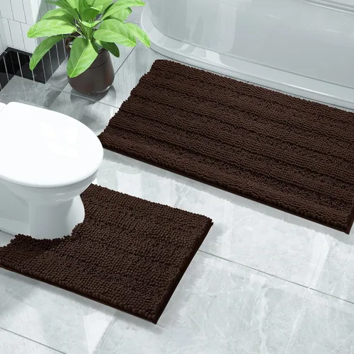 Miniatura 32 de Yimobra Juego de 2 alfombras de baño de felpilla suave y absorbente y alfombra para inodoro en forma de U, antideslizante, lavable a máquina
