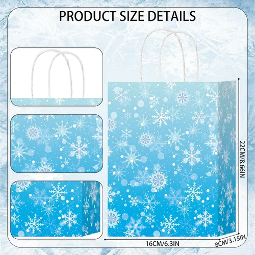 Miniatura 2 de HongXingHai Bolsas de regalo de Navidad con asas, paquete de 16 bolsas de papel kraft con diseño de copo de nieve, bolsas reutilizables para fiestas