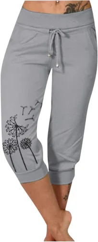 Miniatura 2 de Pantalones capri para mujer, estampado de diente de león, pantalones capri con cordón de cintura alta, elásticos, pantalones cortos de verano