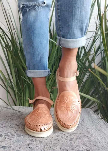 Miniatura 4 de Macarena Collection Sandalias Huarache para mujer sandalias de cuero colorido estilo mexicano color tostado girasol troquelado 040 Beige Bronceado