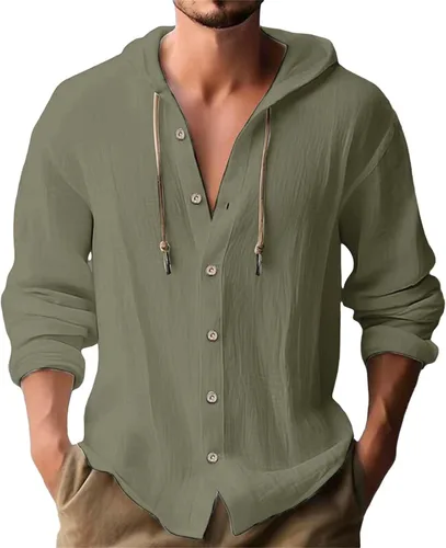 Miniatura 23 de Camisas de manga larga con botones para hombre, camisa con capucha a rayas verticales, casual, para vacaciones, verano, ligera, con cordón Z21
