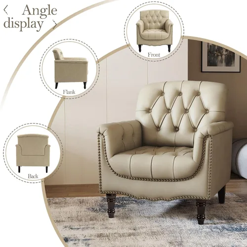 Miniatura 4 de Pia Ricco Silla decorativa moderna copetuda, sillón individual de piel sintética con ribete de cabeza de clavo y patas de madera, cómodo asiento