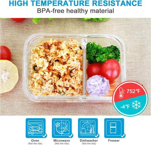 Miniatura 4 de Contenedores de preparación de comidas, 2 compartimentos con cuencos de vidrio con tapas, recipientes de almacenamiento de alimentos, recipientes