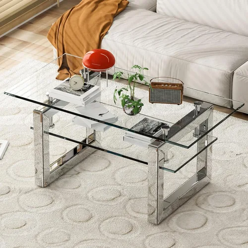 IKIFLY Mesa de centro de cristal con tablas de vidrio de 2 niveles y patas de metal resistentes, mesa auxiliar rectangular de vidrio transparente