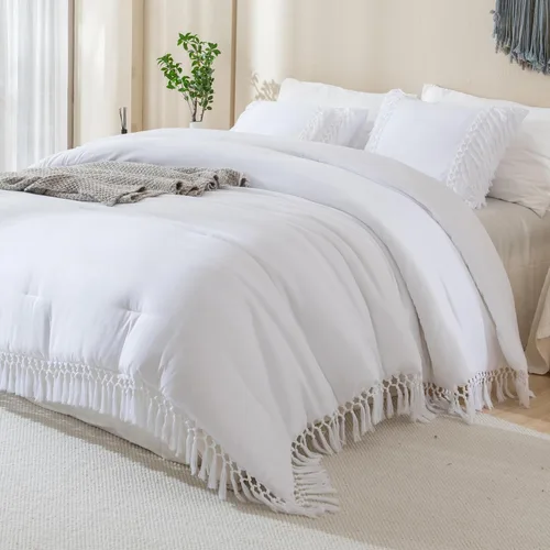 Andency - Juego de edredón blanco de 3 piezas, tamaño King, con borlas estilo bohemio, edredón ligero y suave para cama King, juego de edredón con