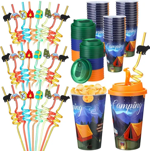 Miniatura 17 de Yungyan 16 juegos de tazas de golosinas con tapas y pajitas para decoraciones de cumpleaños, reutilizables, 16 onzas, vasos de plástico para dulces