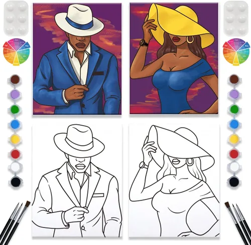 VALLSIP Paquete de 2 lienzos de pintura y sorbos, lienzo predibujado para pintar para adultos, lienzo estirado para parejas, juegos de citas, noche,