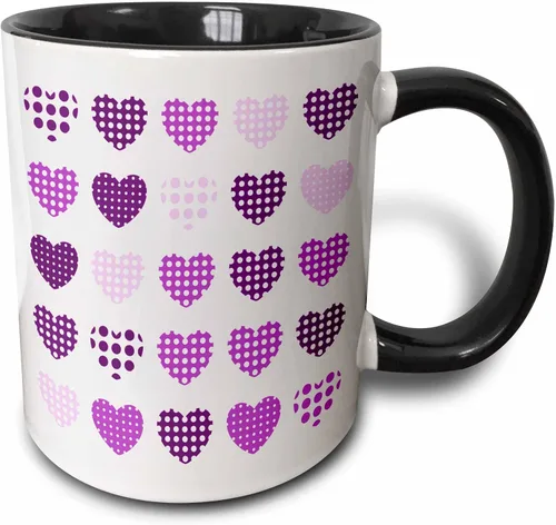 3dRose Taza de café, tamaño: 15 onzas, patrón de corazones de lunares morados y blancos en una fila, divertido regalo de taza de café