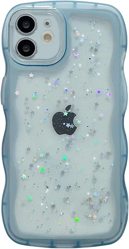 Miniatura 89 de Qokey Funda para iPhone 12 Pro Max de 6.7 pulgadas, diseño de onda rizada, borde transparente, brillante con purpurina, estrella brillante, bonita