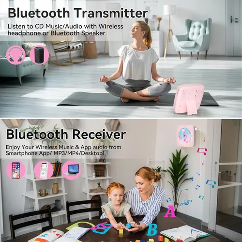 Miniatura 3 de Reproductor de CD portátil Bluetooth recargable: reproductores de CD para el hogar Kegaudio 1800mAh reproductor de CD de pared de escritorio con Rosa