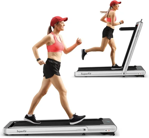 GYMAX Caminadora plegable para debajo del escritorio, 4.75 HP 2 en 1 con control de frecuencia cardíaca, control de aplicación, pantalla táctil LED