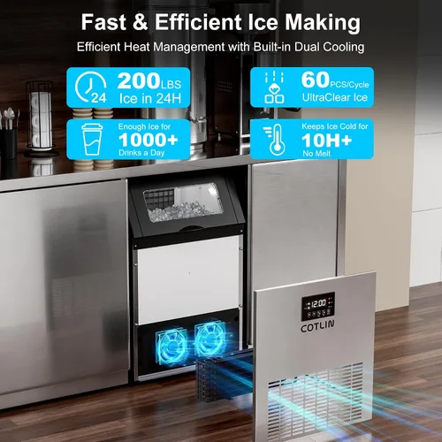 Miniatura 2 de COTLIN - Máquina comercial para hacer hielo de 200 libras en 24 horas, 60 cubitos por ciclo, con depósito de almacenamiento con aislamiento de más