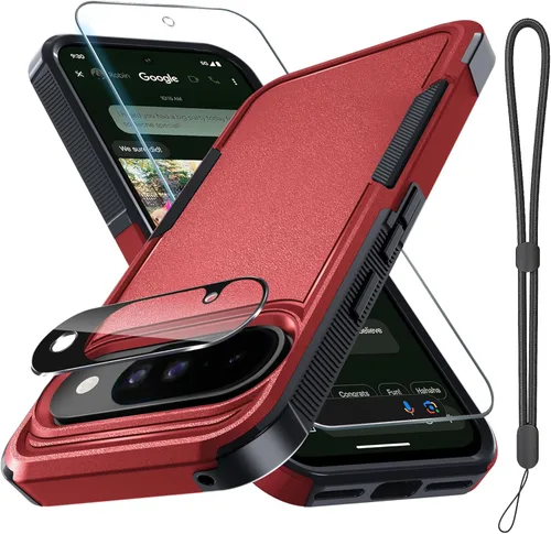 Miniatura 25 de Funda para Google Pixel 10 Pro XL con correa para la muñeca + protector de pantalla de vidrio templado + cubierta para lente de cámara, cuerpo Verde