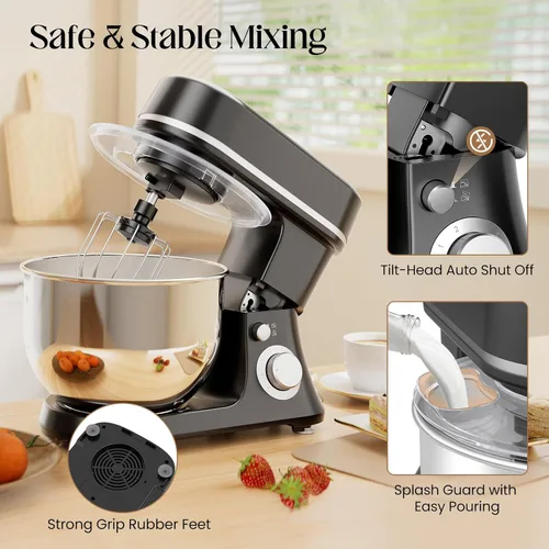 Miniatura 6 de Batidora de pie de 800 W con cuenco de 5.3 cuartos de galón, batidora de cocina eléctrica de 6 velocidades con pulso, batidora de alimentos con Negro