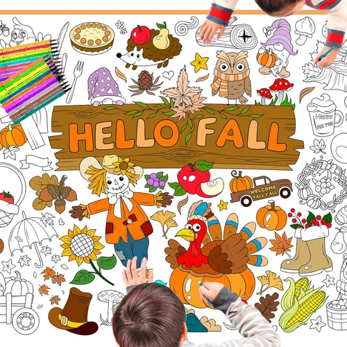 HOWAF Póster para colorear jumbo con 24 (12 colores) de Hello Fall para colorear, pancarta gigante de otoño, hojas de arce y calabaza de otoño,