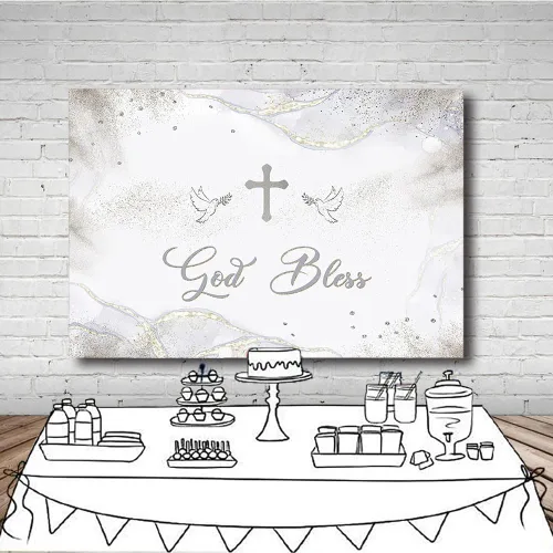 Miniatura 4 de MEHOFOND Telón de fondo plateado de 7 x 5 pies con texto en inglés "God Bless My Bautizo Nuestro Bautizo", fondo de fotografía para bautizo
