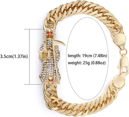 Miniatura 2 de Pulsera Santa Muerte Diamante Chapado en Oro 24K Santa Muerte Colgante Joyería con hoz Regalo de vacaciones (Oro), Acero inoxidable, brazanita