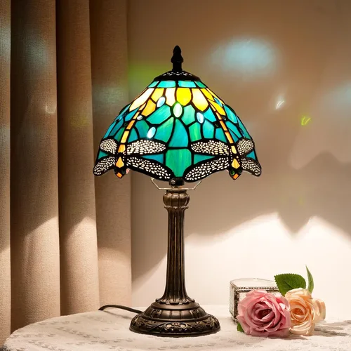 Miniatura 11 de Lámpara de mesa pequeña Tiffany verde de vidrio teñido con cola de pavo real para dormitorio, estilo retro, decoración única, linda y divertida