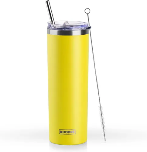 Miniatura 49 de Koodee - Vaso delgado de acero inoxidable de 20 onzas (4 unidades) aislado con doble pared, vaso de agua con 4 tapas, 4 popotes y 2 cepillos