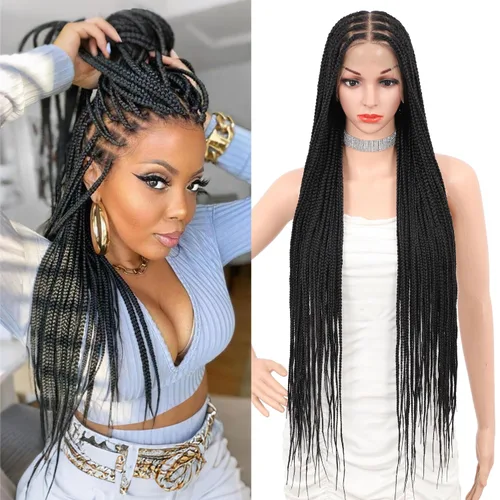 Pelucas trenzadas Fecihor para mujeres, pelucas delanteras de encaje sin nudos con cabello de bebé, trenza tipo "box", 13x8 pulgadas, pelucas de
