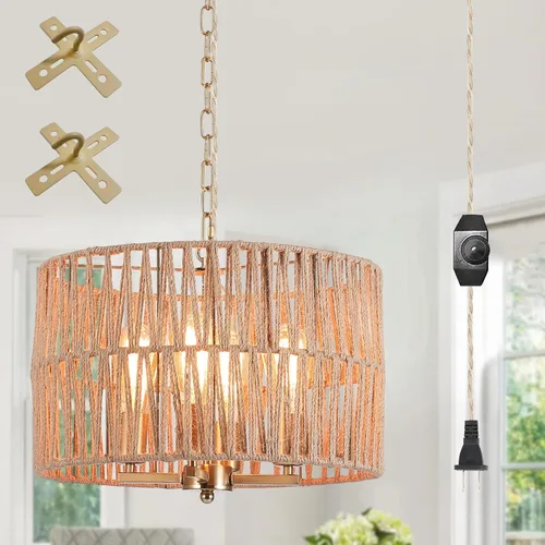 Luminaria de lámpara colgante grande estilo bohemio costero de 4 luces que se enchufa con cadena ajustable, interruptor regulable, lámpara colgante