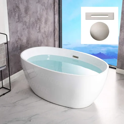 WOODBRIDGE Bañera de acrílico independiente de 55 pulgadas, bañera blanca de remojo contemporáneo con desbordamiento y drenaje de níquel cepillado,