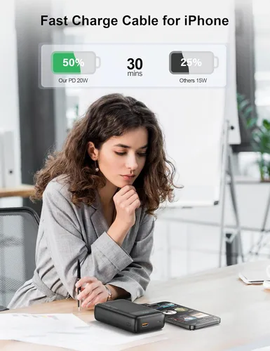 Miniatura 4 de Cargador portátil, 27000 mAh 22.5 W, cargador de batería de carga rápida con cable integrado, batería USB C con pantalla LED / luz flash, cargador