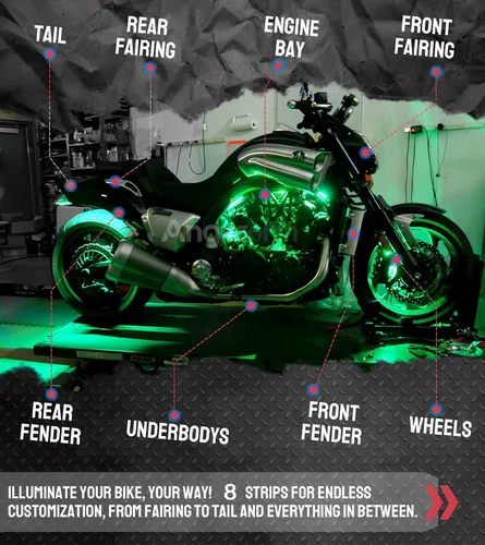 Miniatura 6 de Kit de 8 tiras de luces LED underglow para motocicleta, impermeables, luces de neón RGB de acento, efecto suelo, tiras de luz atmosférica DC 12V