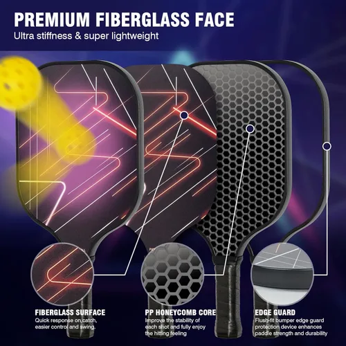 Miniatura 3 de Juego de 2 palas de pickleball con 4 bolas para interiores y exteriores y mochila, superficie ligera de fibra de vidrio, núcleo de panal