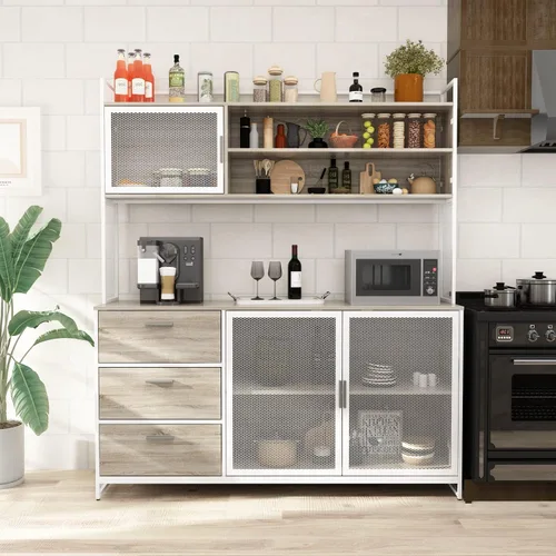 Miniatura 3 de AGOTENI Armario grande de cocina, armario de almacenamiento con 3 puertas de metal, 3 cajones y estante para microondas, para almacenamiento abierto