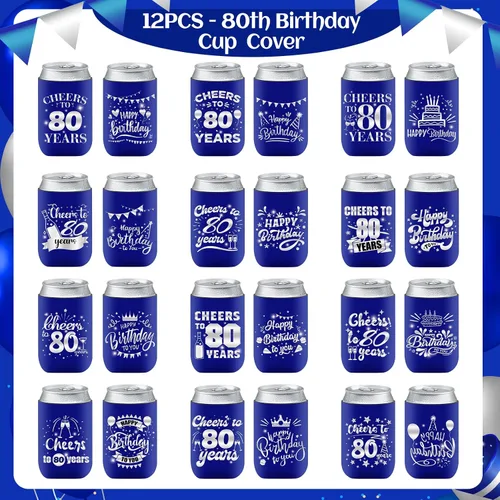 Miniatura 2 de Decoración de manga enfriadora de latas de cumpleaños número 80, 12 unidades, recuerdos de fiesta de 80 para hombres y mujeres, suministros de Azul