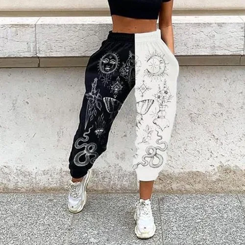 Miniatura 3 de Amuver - Pantalones de harén estilo hippie bohemio de los años 90 para mujer cintura fruncida estampado de retazos pantalones deportivos para yoga