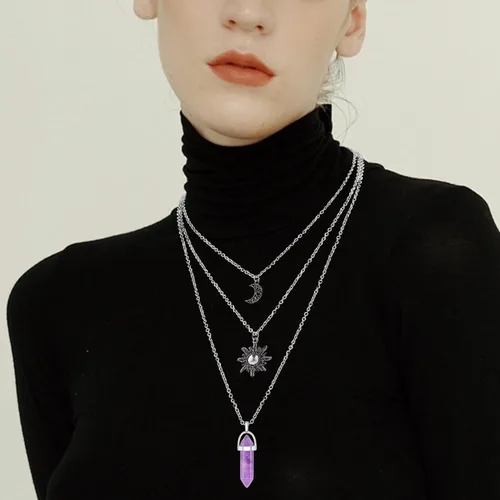 Miniatura 18 de Collar gótico de sol y luna para mujer, collares con colgante de cristal, accesorios Y2K, collar de luna creciente en capas para mujer, collar