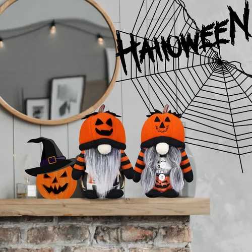 Miniatura 2 de Decoraciones de gnomos de Halloween, paquete de 2 sombreros hechos a mano con cara de calabaza sueca Tomte nórdico de felpa elfo Nisse adorables