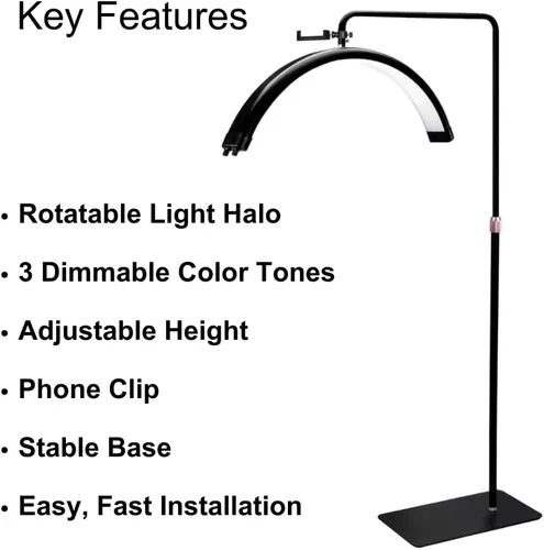 Miniatura 8 de Lámpara LED regulable para pestañas de pie, luz de tatuaje ajustable con tonos cálidos y fríos, lámpara de media luna con diseño de halo giratorio
