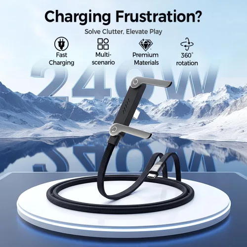 Miniatura 2 de Cable de carga rápida trenzado de 240 W con soporte para teléfono integrado, cable de carga USB-C a USB-C duradero en forma de T 2026, cable de negro