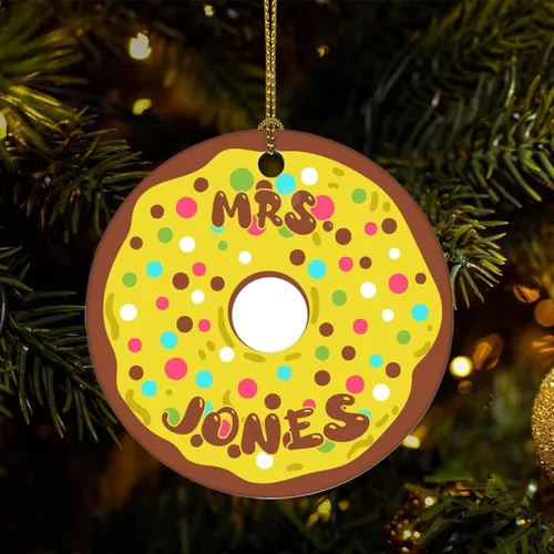 Adorno de Navidad de cerámica impreso de dos caras con nombre en donas, novedoso para familiares, amigos, niños, divertidos colgantes de recuerdo de
