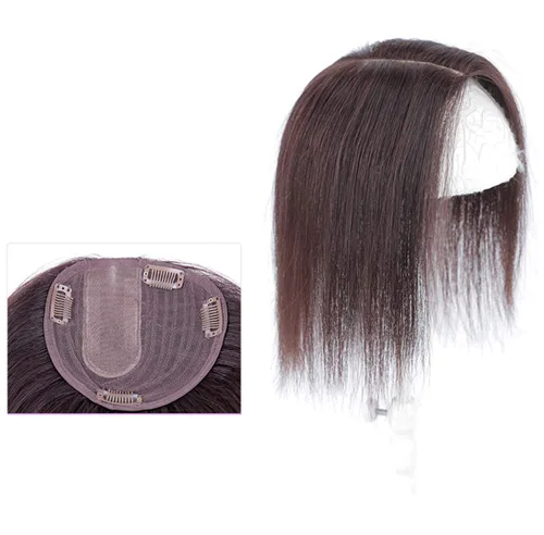 Miniatura 2 de LXUE Parte superior de cabello humano con base de seda natural para mujeres con cabello gris y delgado, parte superior de base de 5 x 5.5 pulgadas